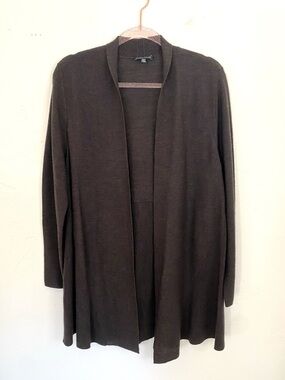 Eileen Fisher L Merino Wool Dark Brown Espresso Long Open Front Cardigan Sweeter